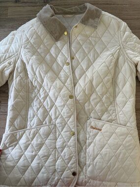 Barbour Cream Quilted Puffer Jacket with Corduroy Collar
